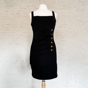 Zara Black Side Ruched w Gold Buttons Fitted Sleeveless Short Dress - Large